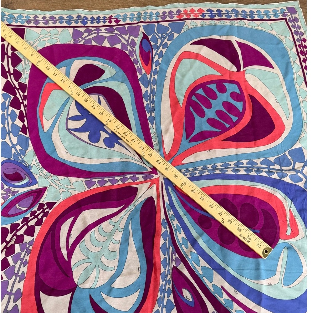Emilio Pucci Vintage Silk Scarf Psychedelic Butterfly Geometric Purple Blue Pink - Picture 12 of 16